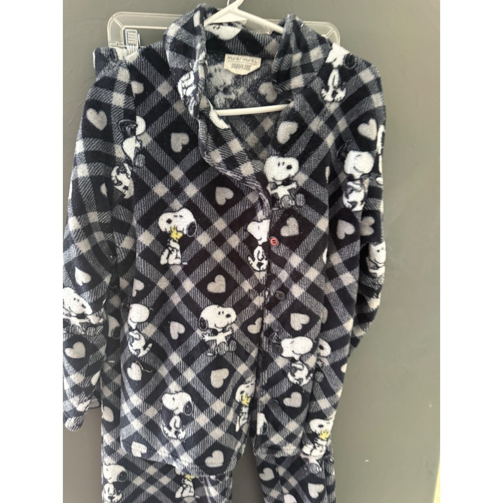 Munki Munki Peanuts Snoopy Fleece Pajama Set XL Black White Plaid Hearts Button - Picture 3 of 11